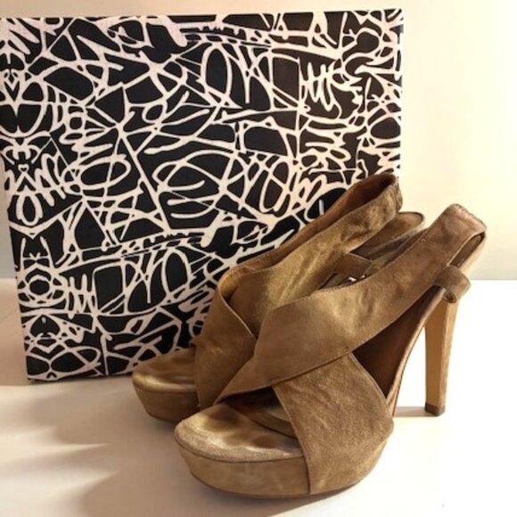 DvF Zia Camel Suede Platform Criss Cross Sandal | 4.5" Heel; 3” Pitch| Sz 8.5 - Picture 5 of 16